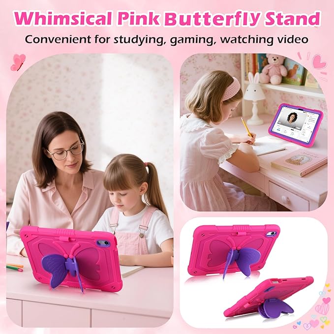 VOFUOE for iPad A16 Case 11th Generation 2025 11 Inch for iPad 10th Generation Case 2022 10.9 Inch for Kids Girls with Butterfly Stand Shoulder Strap Pencil Holder Hard Cover-Hot Pink &amp Purple Wi
