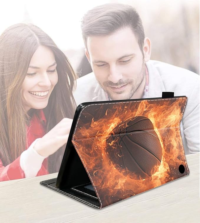 Case for Amazon Fire HD 10/HD 10 Plus Tablet 10.1 (13th/11th Generation 2023/2021 Release) Slim PU Leather Cover with Card Slot &amp Auto Wake/Sleep Burning Basketball