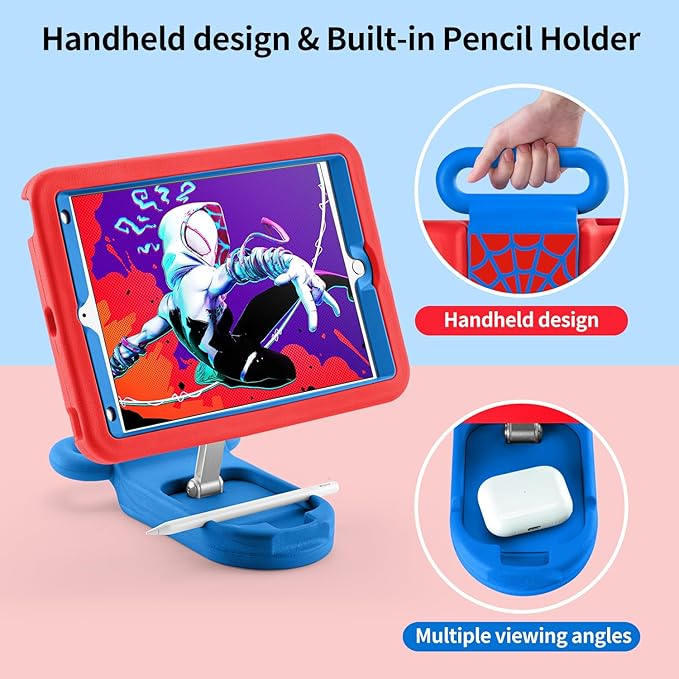 Kids Case for iPad 7th/8th/9th GeniPad 10.2 inch 2021/2020/2019 Case with Adjustable Portrait Landscape Stand HandleHeavy Duty Protective Kids Child Friendly Cover for iPad 10.2 inch. (Red-Blue)