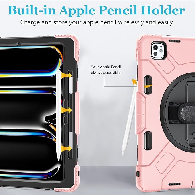 Case for iPad Pro 13 Inch M5 2025/ M4 2024: Military Grade Cover for iPad Pro 13 with Screen Protector - Stand - Handle - Shoulder Strap - Pencil Holder-Orange