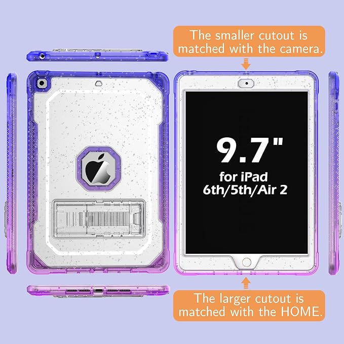 Case for iPad Air 2 Case for iPad 6th/5th Generation 2018/2017 for Apple iPad 9.7 inch with Screen Protector/StandClear Glitter Full-Body Coverage Slim Cover for Girls Women (Blue+Purple)