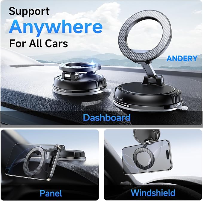 ANDERY Car Phone Holder for Magsafe [78+LBS Strongest Suction &amp 2400gf Magnetic] 360° Adjustable Car Phone Mount Phone Holders for Your Car for iPhone 17-12 Pro Max Plus Air Carbon Fiber