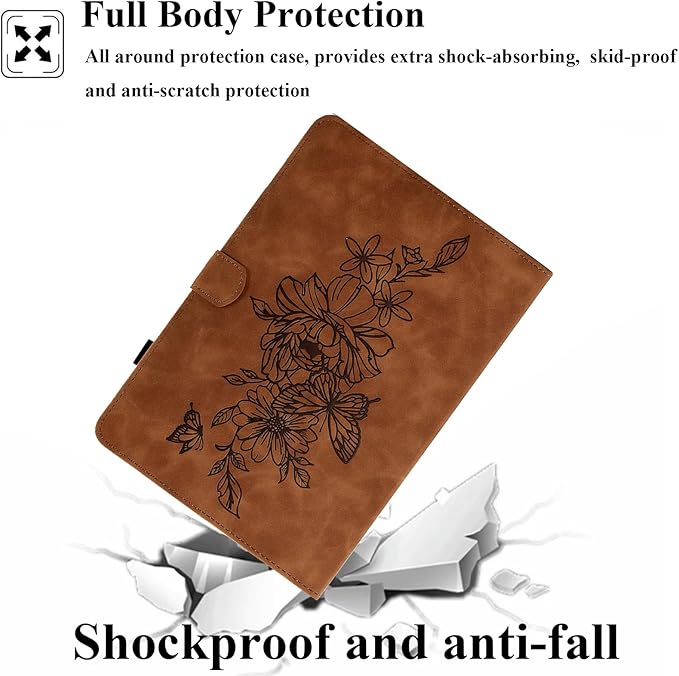 Folio Case for Amazon Kindle Fire HD 8/Fire HD 8 Plus (12th/10th Generation 2024/2022/2020) 8 with Stand/Pencil Holder [Auto Sleep/Wake] Embossed PU Leather Smart Cover Brown Butterfly Flower