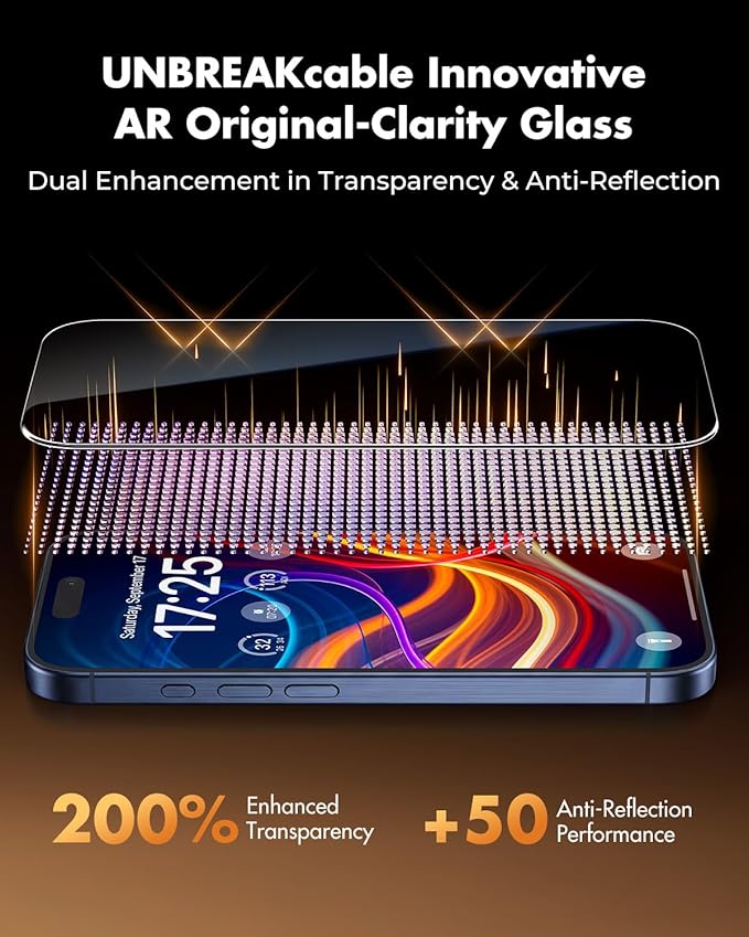 UNBREAKcable 2 Pack for iPhone 15 Pro Screen Protector AR Anti Reflection 9H+ Tempered Glass Anti-Glare Enhanced Clarity Anti-Blue Light Polishing Cloth Included