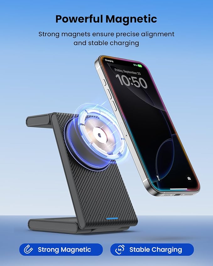 3 in 1 Wireless Charging Station Foldable Magnetic Wireless Charger Stand for Multiple Devices Wireless Charger for iPhone 16/15/14/13/12 Apple Watch 9/8/7/6/SE/5/4/3/2 AirPods 3/2/Pro