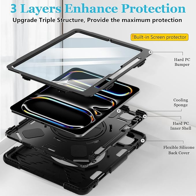 Case for iPad Pro 11 M5 2025/ M4 2024: Protective Cover for iPad Pro 11 Inch 5th Generation with Screen Protector- Stand- Handle- Shoulder Strap- Pencil Holder- Black+Black