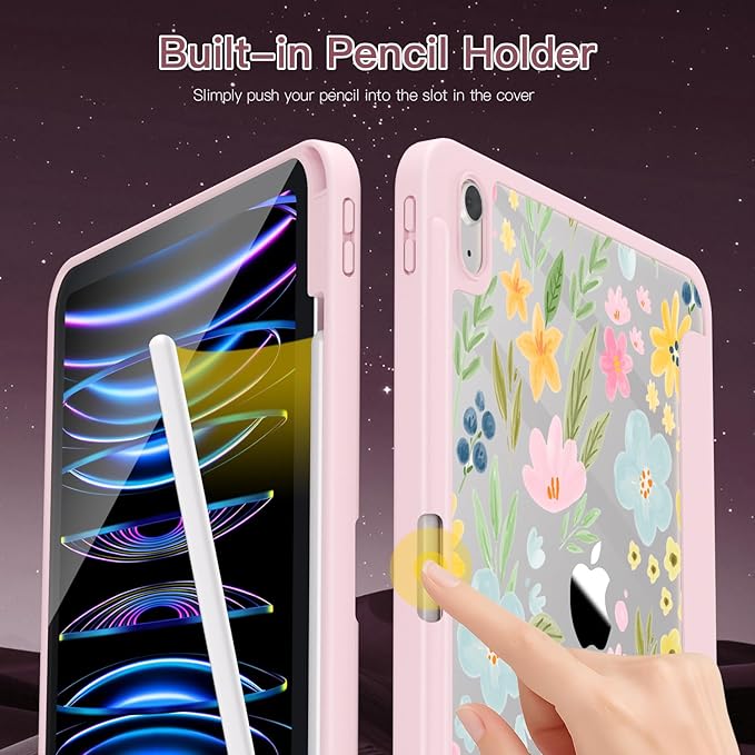 Teryeefi Case for iPad (A16) 11-inch 2025 &amp 10.9'' iPad 10th Generation 2022 3D Printing Slim Lightweight Protective Cover with StandAuto Wake/Sleep Function Clear PC +TPU Back Shell Pink Flor