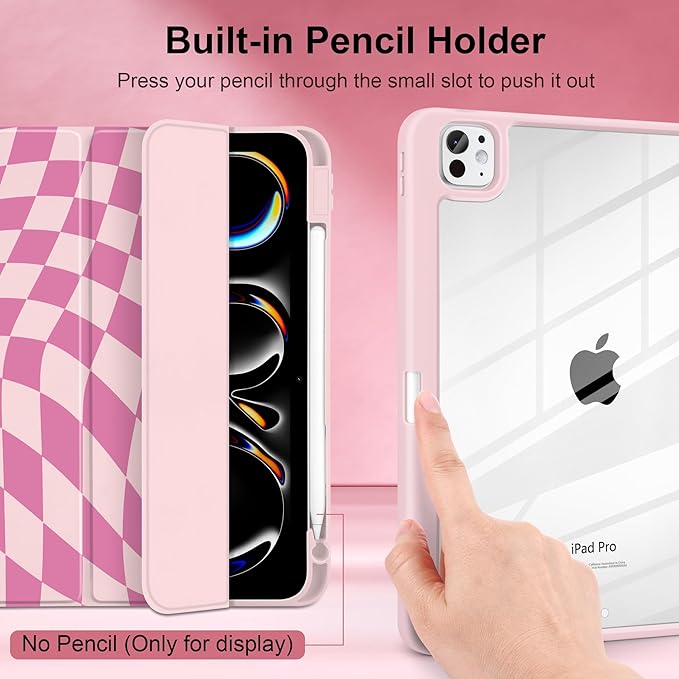 TWOLSKOO Case for iPad Pro 11-inch (M5 2025 / M4 2024) Clear Acrylic Back with TPU Bumper Pencil Holder Trifold Stand Auto Sleep/Wake Pink Wavy Checker