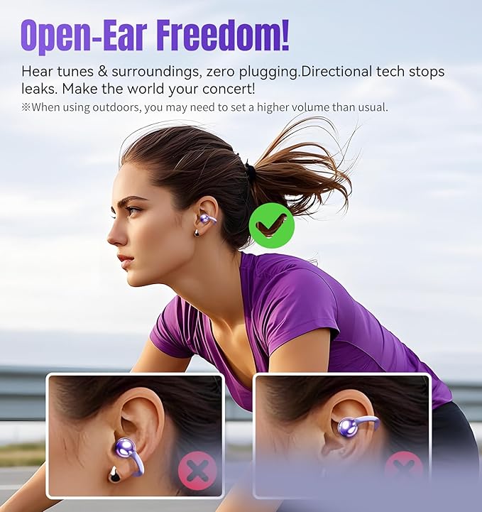King Lucky Clip-On Earbuds Gen 3 Open-Ear Wireless Bluetooth 6.0 Headphones with Mic Secure Fit for Small Ears &amp Glasses Wearers 50H Playtime LED Digital Display ENC IPX5 Waterproof (Purple)