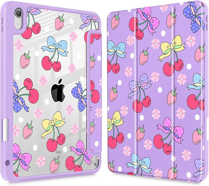 Tuiklol for 2025 iPad (A16 Chip) 11th Generation 11 inch/iPad 10th Gen 10.9 inch 2022 Case Buit in Pencil Holder with Clear Back Shell Cover Trifold Stand Auto Wake/Sleep Strawberry Cherry Purple