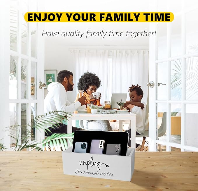 CHONIC Unplug Box Farmhouse Style Be Present Phone Box Cell Phone Basket for Home Wood Mobile Phone Jail Family Time Out Charging Station for Phone Tablet Electronics Holder (White)