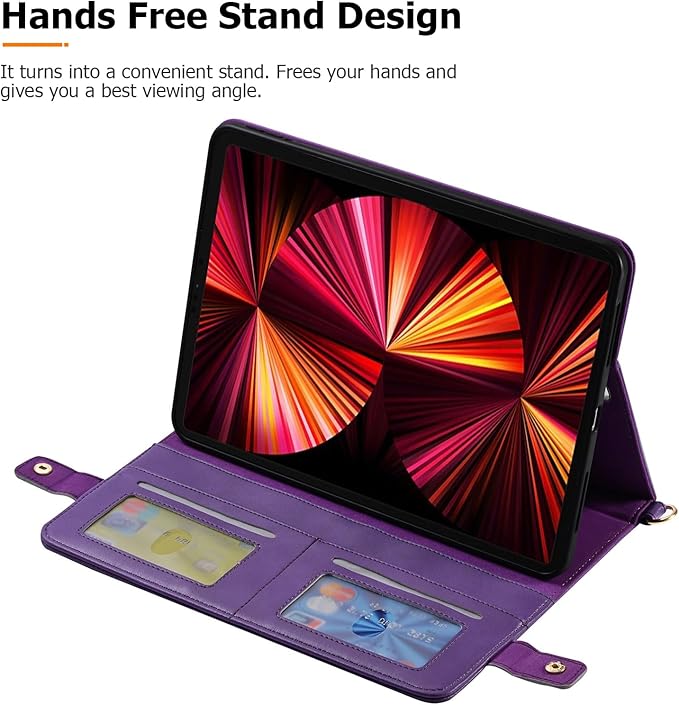Dteck for iPad 10th Generation Case 2022 Premium PU Leather Business Stand Smart Auto Wake/Sleep Cover Shoulder/Hand Strap Card Slots Wallet Case with Pencil Holder for iPad 10th Gen 10.9Purple
