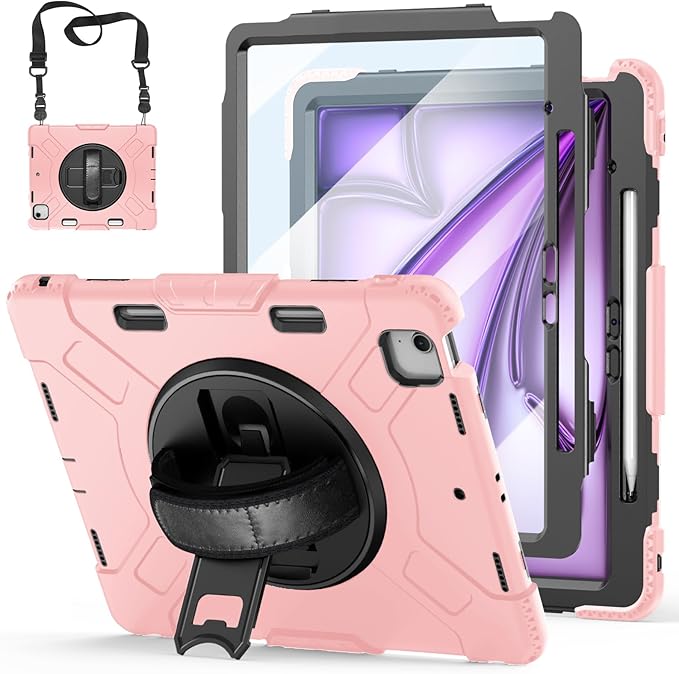 Case for iPad Air 13 Inch M4/M3/M2 (2026/2025/2024): Silicone Shockproof Case with Screen Protector - Stand - Handle - Shoulder Strap - Pen Holder- Pink
