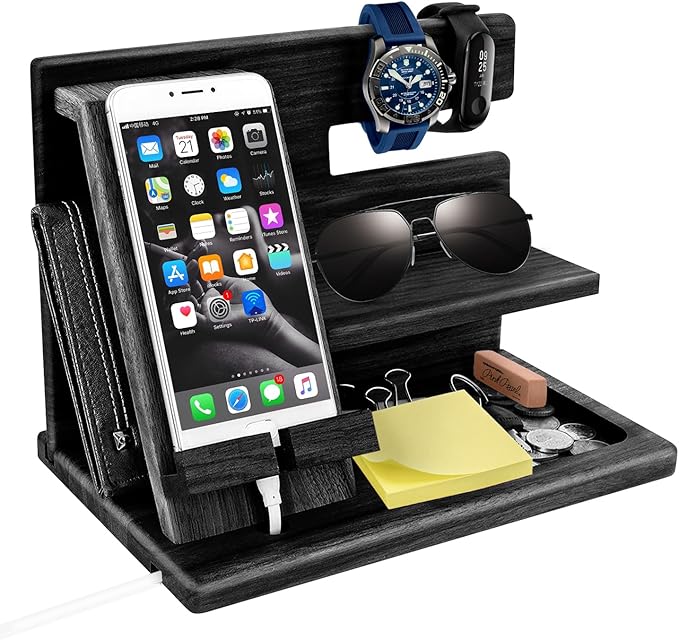 Gifts for Men Christmas Wood Phone Docking Station Mens Gifts for Birthday or Gifts for Dad Fathers Day Desk Workspace Organizer Nightstand Organizer Key for Wallet &amp Watch Holder Husband Chris