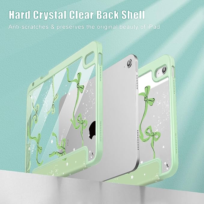 Tuiklol Case for iPad 11 inch (A16 Chip) 2025 Gen 11th / iPad 10.9 inch 2022 10th Gen Buit in Pencil Holder with Shockproof Cover Clear Transparent Back Shell Auto Wake/SleepBow-Green