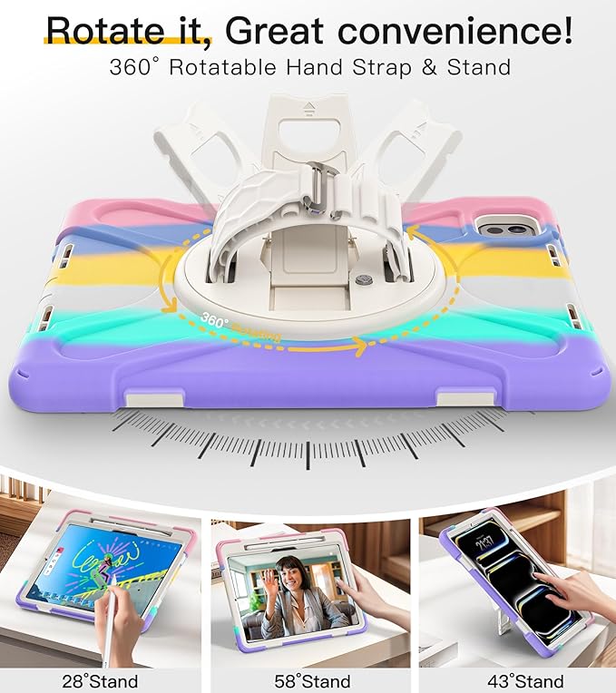 BRAECN Case for iPad Pro 11 inch M5 2025 &amp M4 2024 4 Layers Heavy Duty Full-Body Protection Screen Protector Pencil Holder 360° Rotating Handle Kickstand Shoulder Strap Kids Friendly