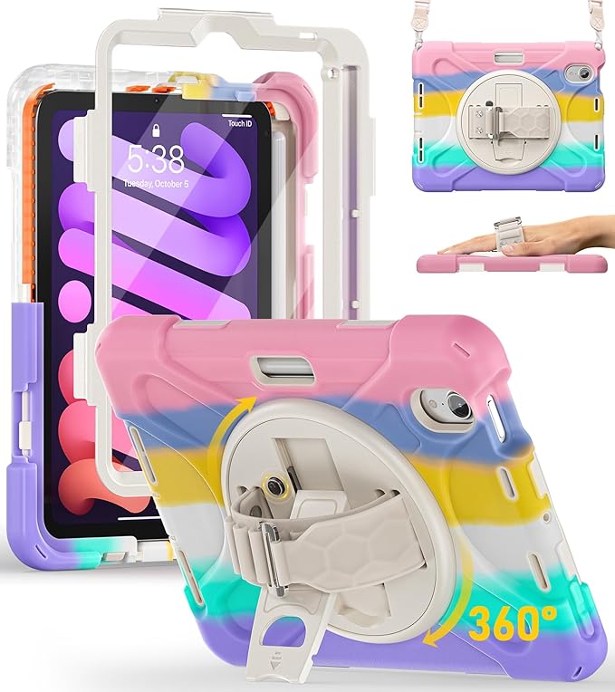 BRAECN for iPad mini 7(A17 Pro)/ 6 case 2024/2021 8.3 inch Heavy Duty Shockproof Protective with Pencil Holder Screen Protector 360°Rotating Stand Handle Full Body Cover Shoulder Strap Kids Friendly