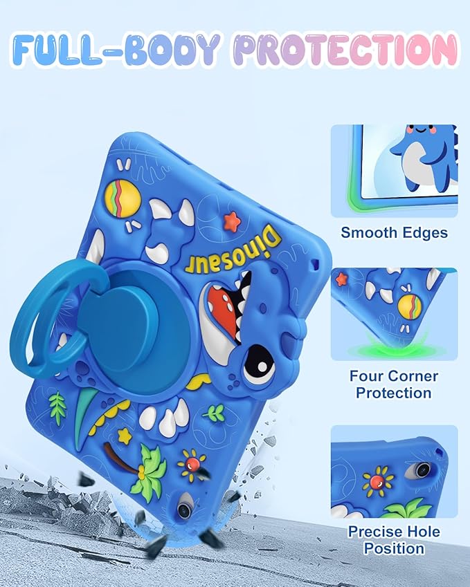Boaretiu for iPad A16 Case/10th Generation Case - Blue Dinosaur Cool for Boys Girls Teens Soft Silicone Cute with Shoulder Strap &amp Rotating Stand Case for iPad A16 11th Generation 11 Inch 2025