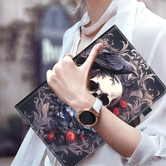 Case Fits Amazon Kindle Fire HD 8 &amp 8 Plus Tablet (12th Generation/10th Generation 2022/2020 Release) 8 Multi-Angle Smart Stand Cover Auto Sleep/Wake Raven on Skull with Flowers Roses