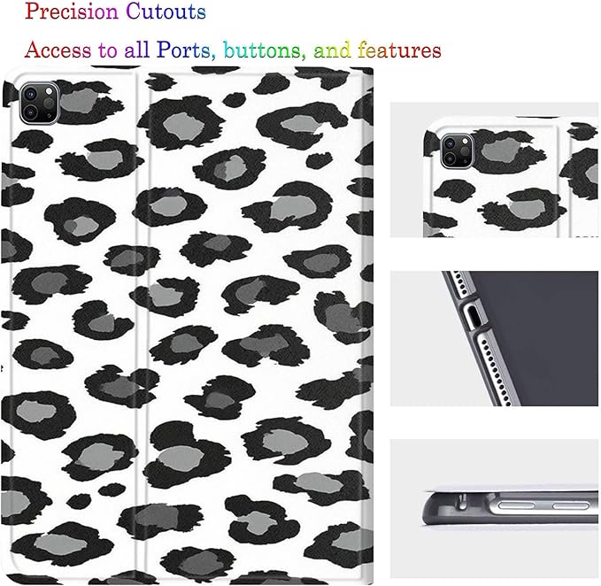 Case for iPad Pro 13 Inch M4 (iPad 7th Generation 2024)Adjustable Stand Auto Wake/Sleep Function Full Body Protection Cover - Black and White Leopard Print