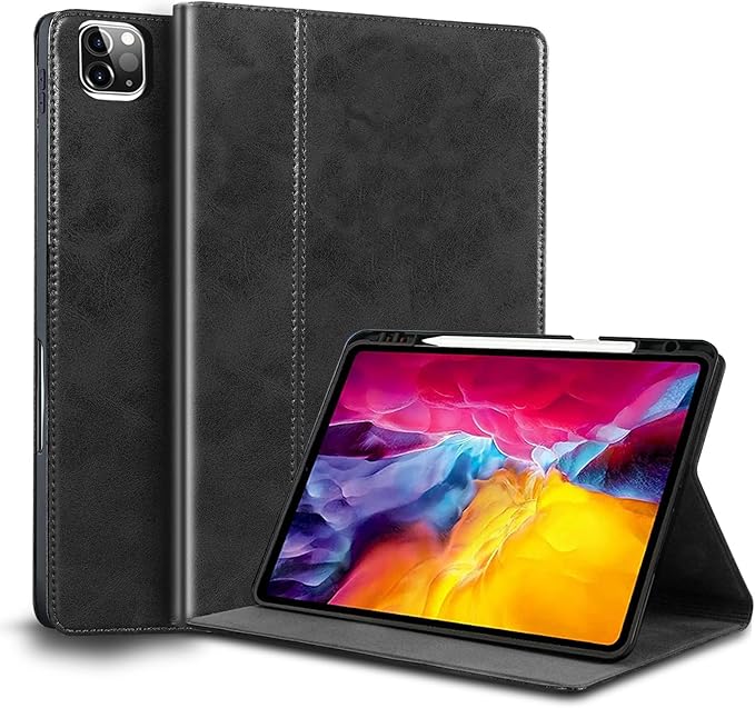 for Ipad Pro 11-inch 4th/3rd/2nd/1st Gen Case 2022/2021/2020/2018 Genuine Leather Cover Protective ShellBuilt-in Pencil Holder and Auto Wake/Sleep.Black