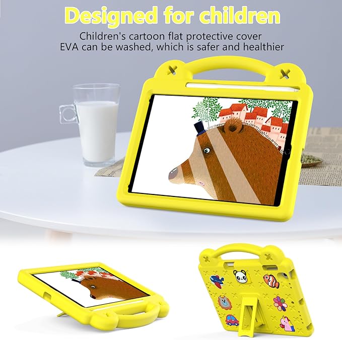 Compatible with Apple iPad Air 1 2013/Air 2 2014/Pro 9.7(2016)/iPad 9.7(2017/2018) Tablet Case Kids Shockproof Protective Case with Shoulder Strap &amp Stand Handle &amp Pen Tray Yellow