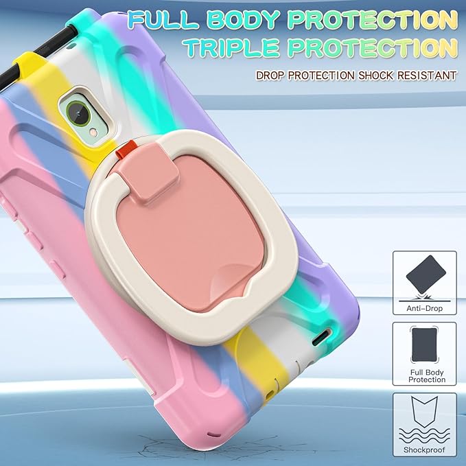Rugged Case for Samsung Galaxy Tab Active5 5G (SM-X306B/X300) w/ 360° Rotating Hanging Ring Handle Grip Kickstand Heavy Duty Shock-Proof Armor Cover w/Shoulder Strap Stylus Holder (Macaron)