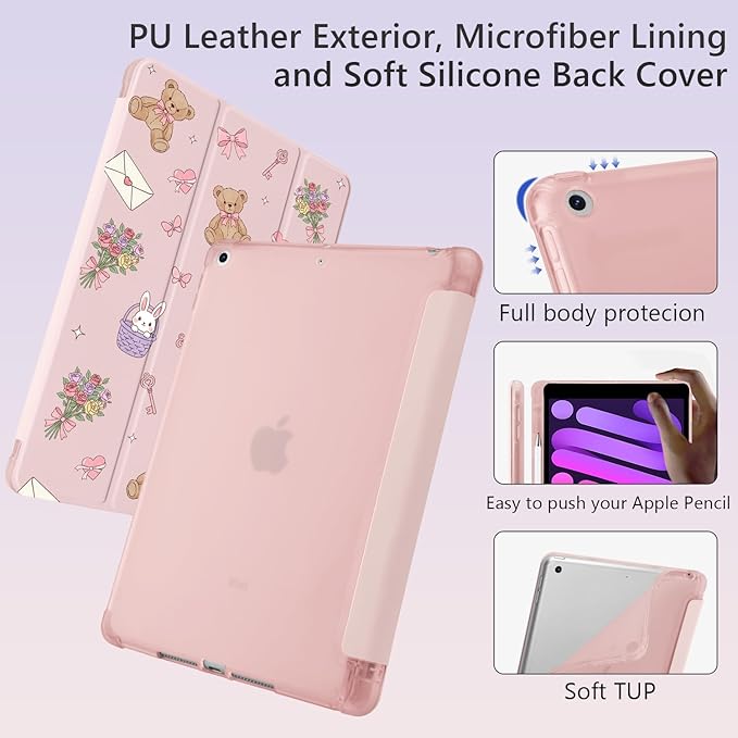 Cute Kawaii Bear Bow for iPad mini 7 A17 Pro 2024/iPad Mini 6 Case with Pencil Holder Auto Sleep/Wake Pink Leather Soft TPU Back Cover