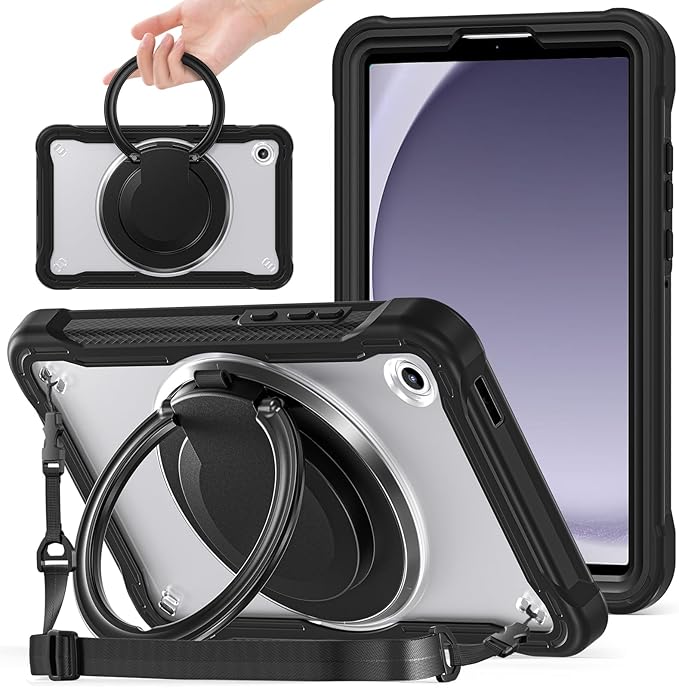 Miimall Case for Galaxy Tab A11 8.7 Inch 2025 with Shoulder Strap Bulit-in 360 Rotating Stand Shockproof Rugged Kids Friendly Shell Pen Holder Cover for Samsung Galaxy A11 Tablet Black Clear