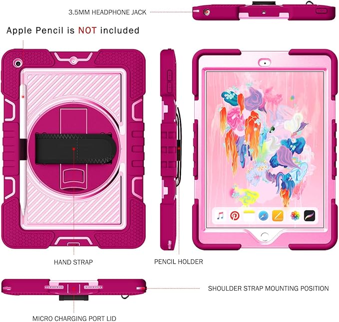 Shockproof Case for iPad 9th/8th/7th Generation 10.2 with Shoulder Strap Techcircle Heavy Duty Rotating Kickstand Hand Strap Rugged Defender Protective Case w/Pencil Holder Rose+Pink