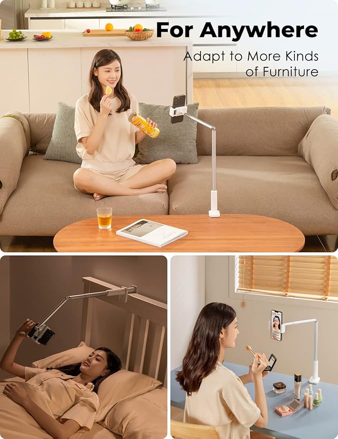 Viozon Phone Holder Flexible Long ArmOverhead Mount360° Angle AdjustableAluminum Alloy C Clamp for Headboard Bedside&ampTable&ampDeskCompatible with 3.5-6.9 PhoneiPhone 16 15 Plus/Pro Max W