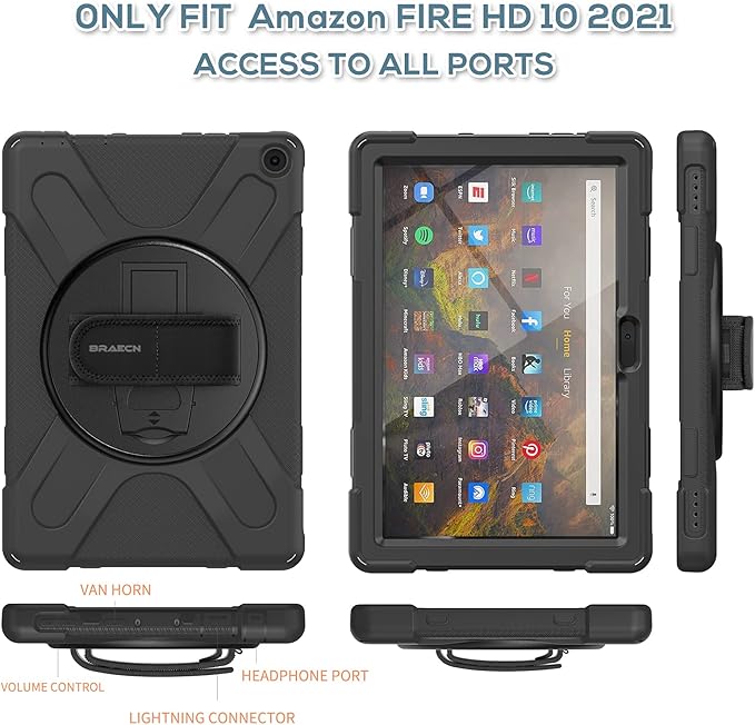 BRAECN Fire HD 10/HD 10 Plus 11th Generation 2021 CaseHeavy Duty Shockproof Protective Case with Rotating Hand StrapCarrying Shoulder StrapKickstand for Amazon Fire HD 10 / HD 10 Plus Tablet-Black