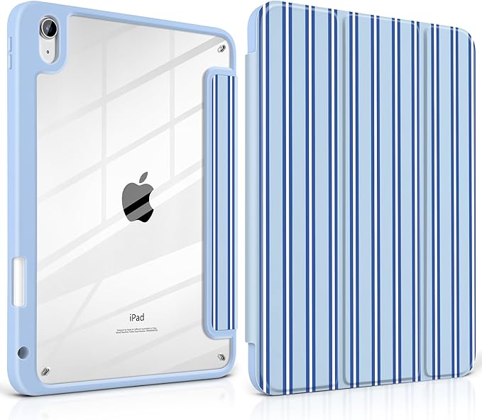 Case for iPad A16 11th Generation 11 inch 2025 iPad 10th Generation 10.9 inch 2022 -[Built-in Pencil Holder] Shockproof Clear Hard Back Trifold Stand Auto Wake/Sleep Blue Stripes