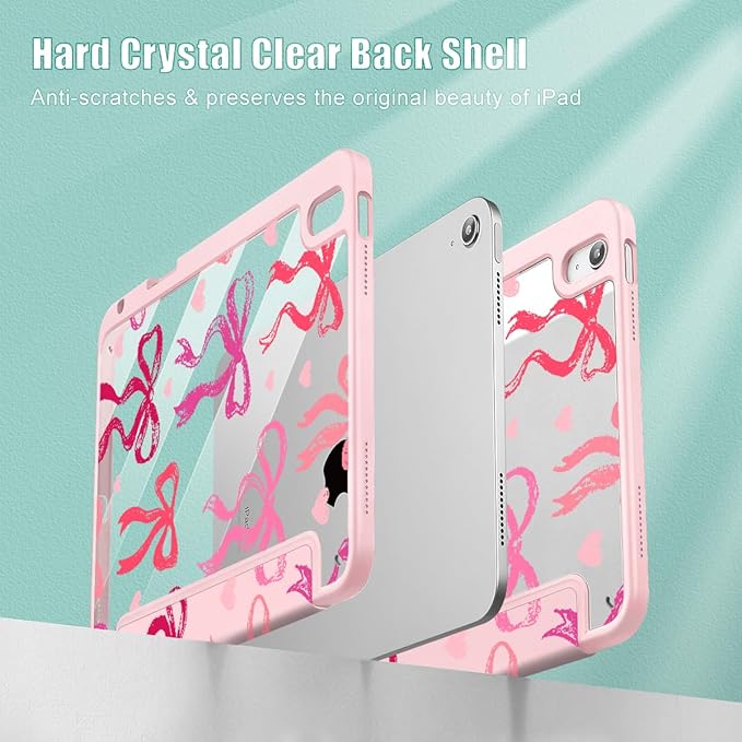 May Chen for iPad Air 11-inch M4/M3/M2 (2026/2025/2024) iPad Air 5th/4th 10.9 Inch - Shockproof Cover with Clear Back Shell &amp Penceil Holder Auto Wake/Sleep Stand Cover Bow Ribbon