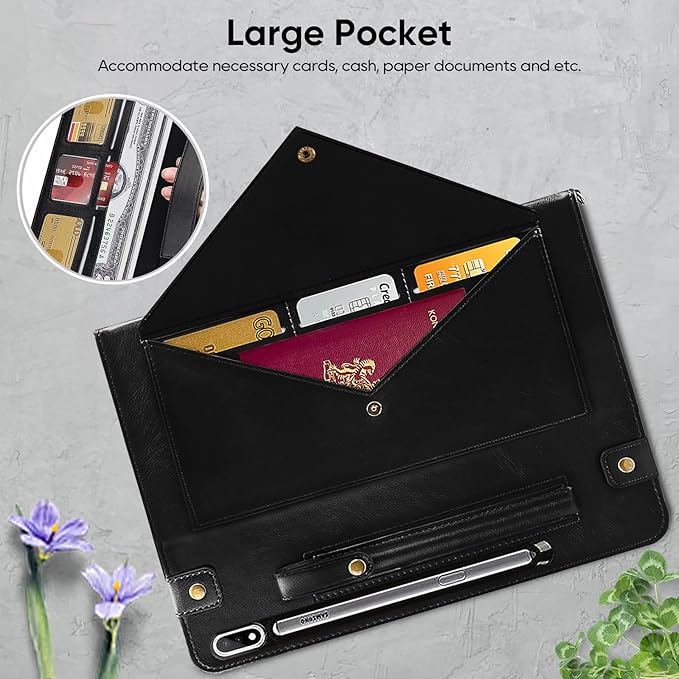 Tablet Carrying Shoulder Bag Case for Samsung Galaxy Tab S9 FE/S9/S8/S7 11 Retro PU Leather Hand Strap Crossbody Shoulder Strap Cards Holder Pocket S Pen Holder Stand Protective CaseBlack