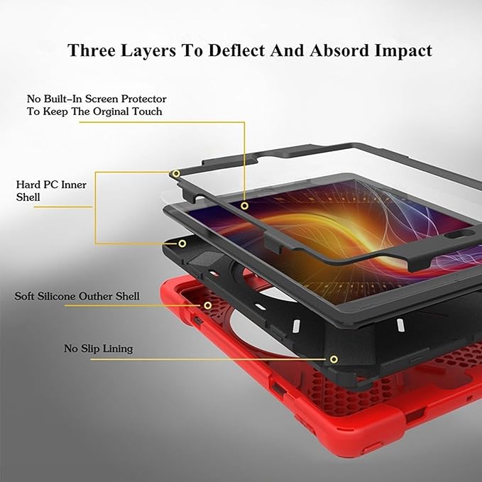 iPad Air 1474 Case 2013 | TSQ iPad Air Case 1st Generation Shock Dropproof Plastic Bumper Rubber Hard Cover w/Rotating Stand Handle Grip Shoulder Strap for Kids Clildren for Apple iPad Air 1 Red