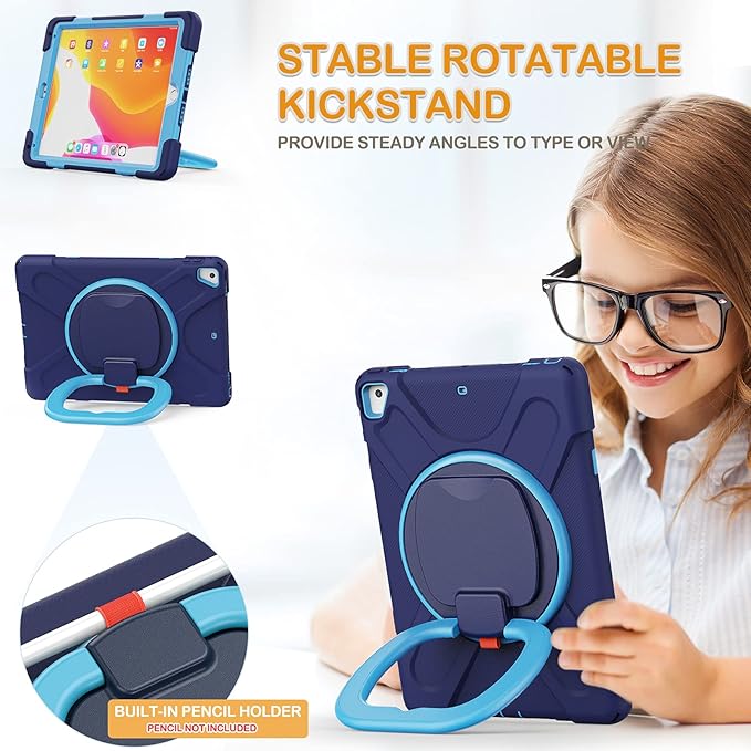 BRAECN Silicone Case for iPad 9.7 Inch 6th/5th Generation iPad Pro 9.7 iPad Air 2 Triple Protected Rugged Cover with Stable Kickstand/Hand Grip/Pencil Holder/Shoulder Strap for Kids-Navy+Blue