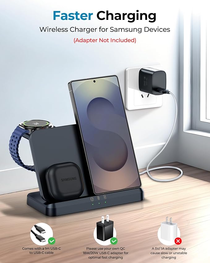 EGV Wireless Charger for Samsung – 3 in 1 Wireless Charging Station for Galaxy S26 Ultra S25 S24 Z Fold Flip 7/6 Detachable Watch Charger for Galaxy Ultra 8/7/6 Foldable Fast Charging No Adapter