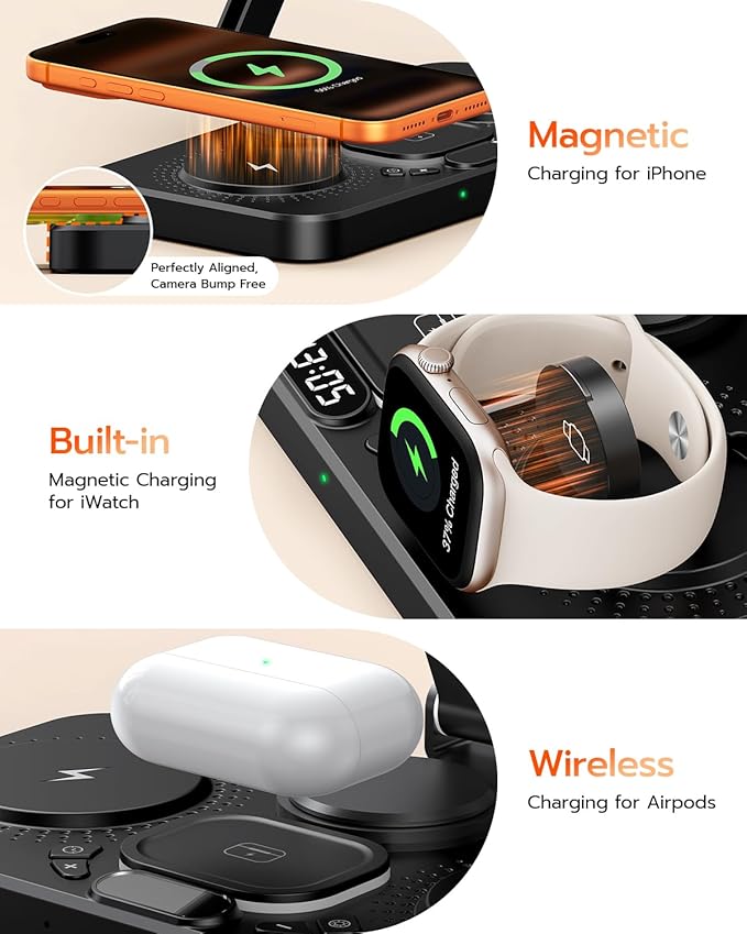 45W 6 in 1 Charging Station for Apple Multiple Devices with Clock &amp Light 20W Fast Foldable Wired Charging Stand for iPad/Tab Wireless Charger Design for MagSafe Charger for iPhone 17/iWatch/Air