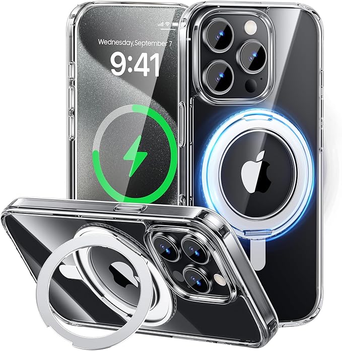 MAGIC JOHN for iPhone 15 Pro Case 360° Rotatable Magnetic Invisible Stand Fit for MagSafe 15 Pro Phone Case 16FT Military Grade Shockproof for iPhone 15 Pro Case with Kickstand Clear