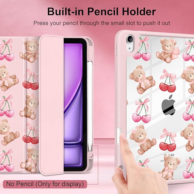 DONGKE Case for iPad Air 11-inch M4 2026 &amp M3 2025 &amp M2 2024 iPad Air 5th/4th Generation 10.9 2022/2020 [Built-in Pencil Holder] Clear Acrylic Back Trifold Stand Smart Cover Bear &amp Che