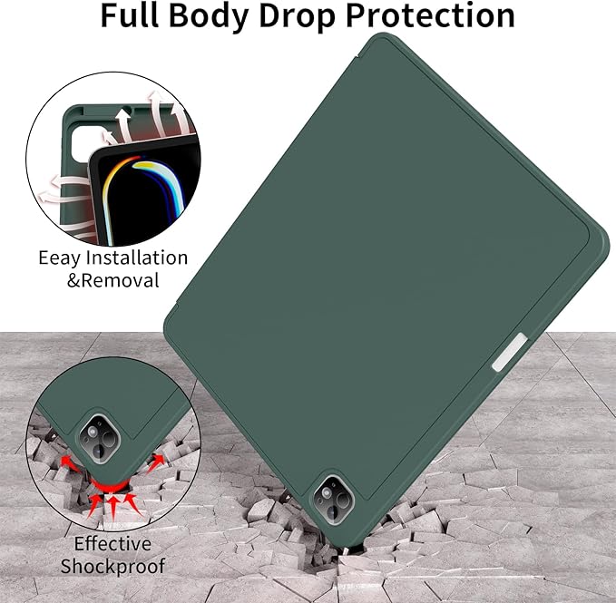 for iPad Pro 13 inch Case (M5/M4) 2025/2024 Slim Protective Cover with Pencil Holder Soft TPU Back Cover Trifold Stand Auto Wake/Sleep A2925 A2926 A3007 A3362 A3359 (Dark Green)