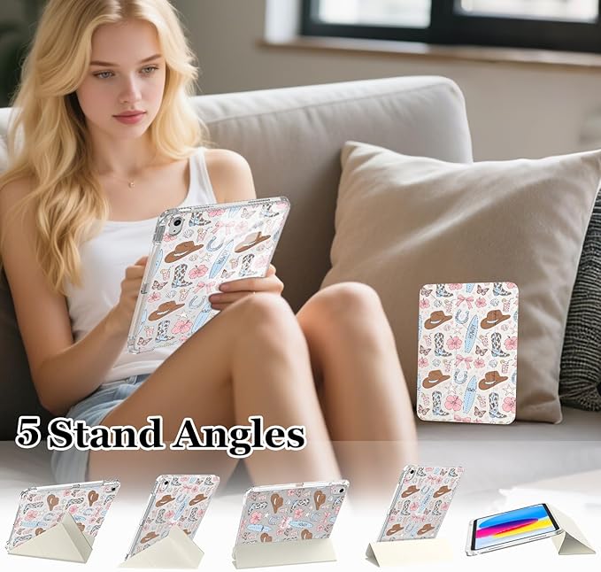Cute Western Cowboy Flower for iPad Pro 11 Inch Case (M5/M4) 2025/2024 with Pencil Holder Auto Sleep/Wake White Leather Acrylic Back Detachable Cover