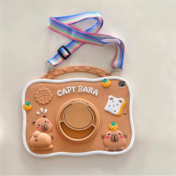 Capybara Kids Case for iPad 9th Gen(2021) / 8th Gen(2020) / 7th Gen(2019) 10.2 Inch3D Cute Silicone Cartoon Cover for Boys with Rotating Stand Adjustable Strap- Beige