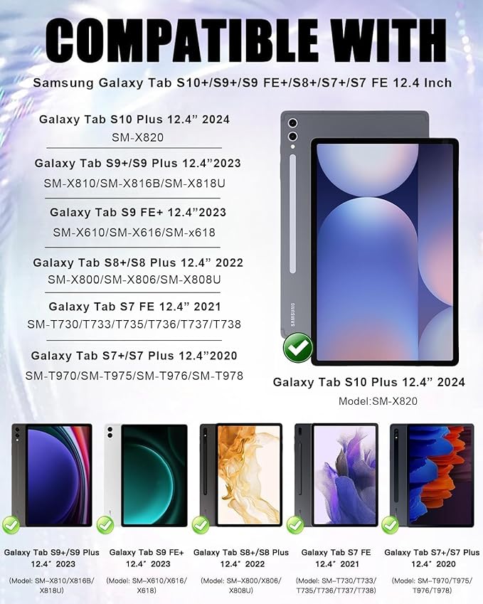 ZenRich Rugged Case for Samsung Galaxy Tab S10 Plus/S9FE Plus/S9 Plus 12.4 inch Galaxy Tab 12.4 Case with S Pen Holder 360 Ratable Stand Hand Strap Shoulder Belt