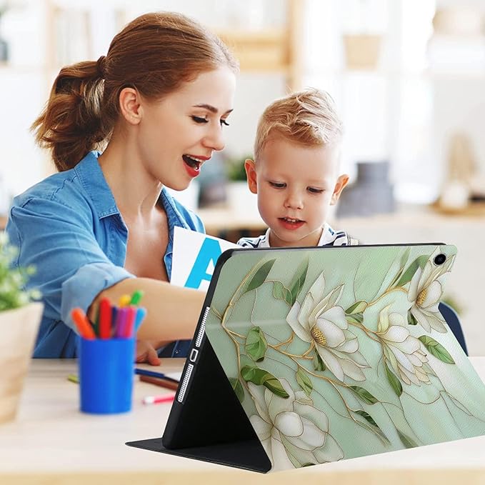 Compatible with iPad Air 13 inch Case (M3 2025 /M2 2024)/12.9 inch Case (6th/5th/4th/3rd 2022/2021/2020/2018) with Pencil HolderAuto Wake/Sleep Protect CoverElegant Vintage Magnolia Flowers