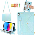Shiny Case for iPad (A16) 2025 11/iPad 10th Generation Handbag with Hand Strap Techcircle Crossbody Iridescent Folio Stand Wallet Case with Pencil Holder+Card Slots+Shoulder Strap Shiny Blue