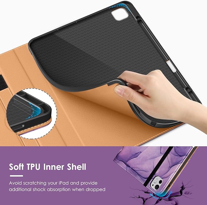 VIKESI Case for iPad Pro 13-inch M5 or M4 Released in 2025 or 2024 Leather Stand Cover with Apple Pencil Holder Auto Wake/Sleep Multiple Viewing Angles Built in Hand Strap &amp PocketPurple Marb