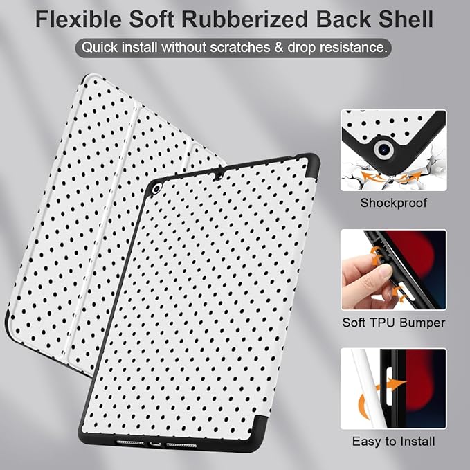 MEEgoodo Case for iPad 10.2 inch Case for iPad 9th Generation 2021/8th Generation 2020/7th Gen 2019 Tablet Cover with Trifold Stand+Pencil Holder+Auto Wake/Sleep+Soft TPU Back CoverBlack Polka Dot