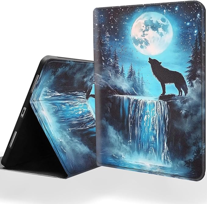 Tablet Case for iPad 10th Generation 10.9 Inch with Magnetic Auto Wake/Sleep and Multi-Angle Adjustable Stand Cover - Wolf Under The Moon